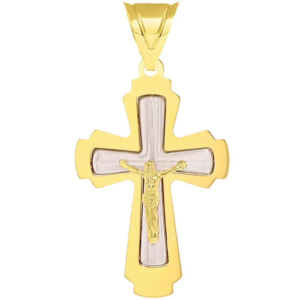 14k Solid Two Tone Gold Roman Catholic Cross Crucifix Pendant with Figaro Chain Necklace