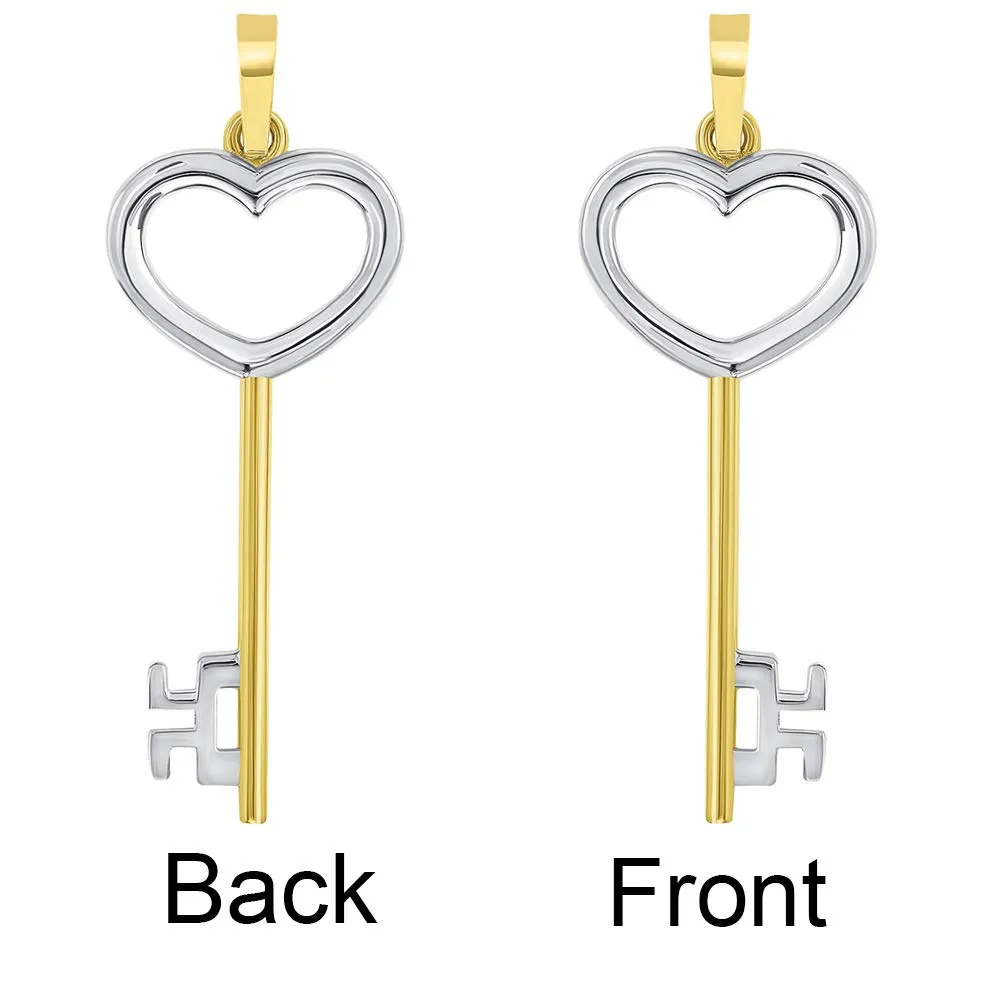 14k Solid Yellow Gold 3D Two Tone Open Heart Shaped Love Key Pendant with Figaro Necklace