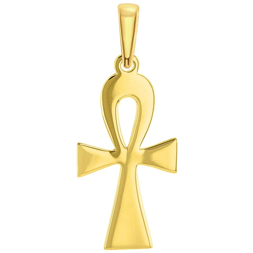 14k Solid Yellow Gold High Polish Egyptian Coptic Ankh Cross Pendant with Figaro Chain Necklace