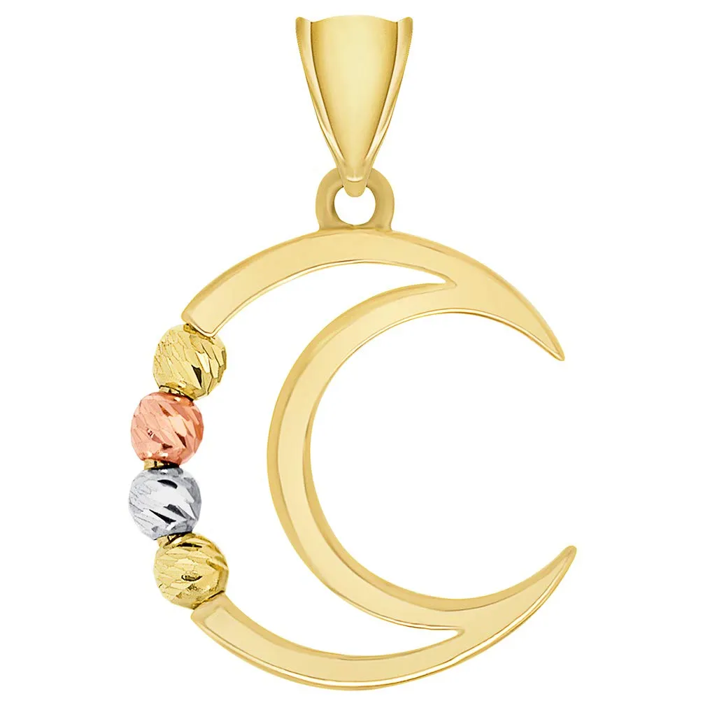 14k Tri-Color Gold Beaded Open Crescent Moon Pendant