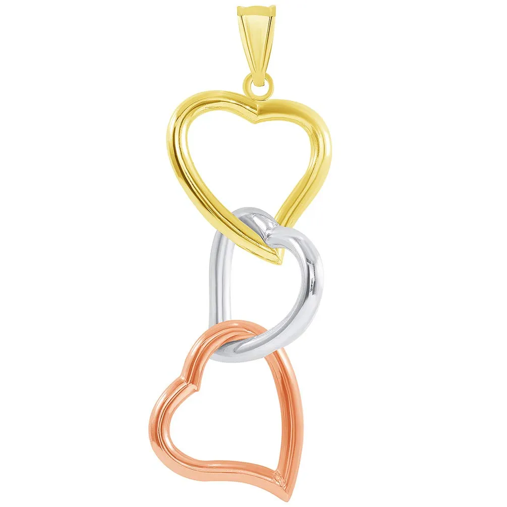 14k Tri-Color Gold Three Hearts Interlocking Dangling Down Pendant with Cuban Curb Chain Necklace