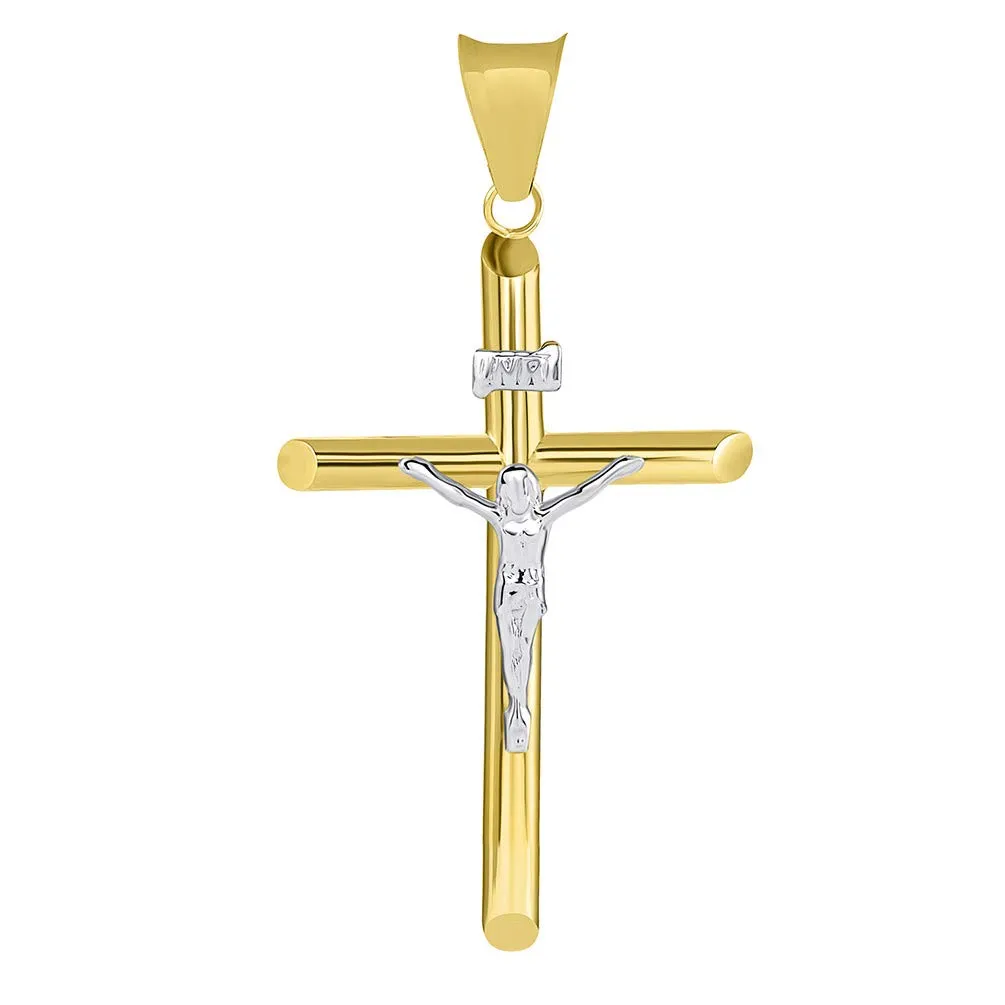 14k Two Tone Gold Medium Cross INRI Crucifix Pendant with Cuban Necklace