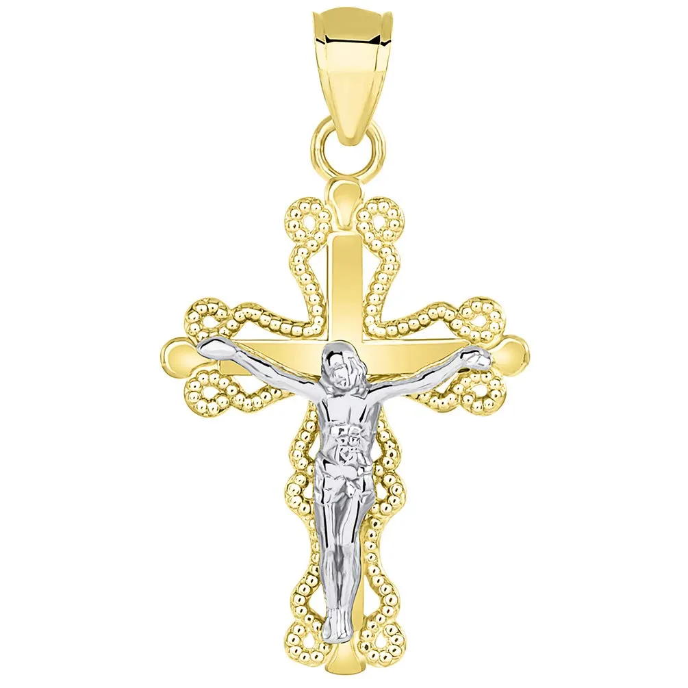 14k Two Tone Gold Milgrain-Edged Religious Cross Small Crucifix Pendant Necklace