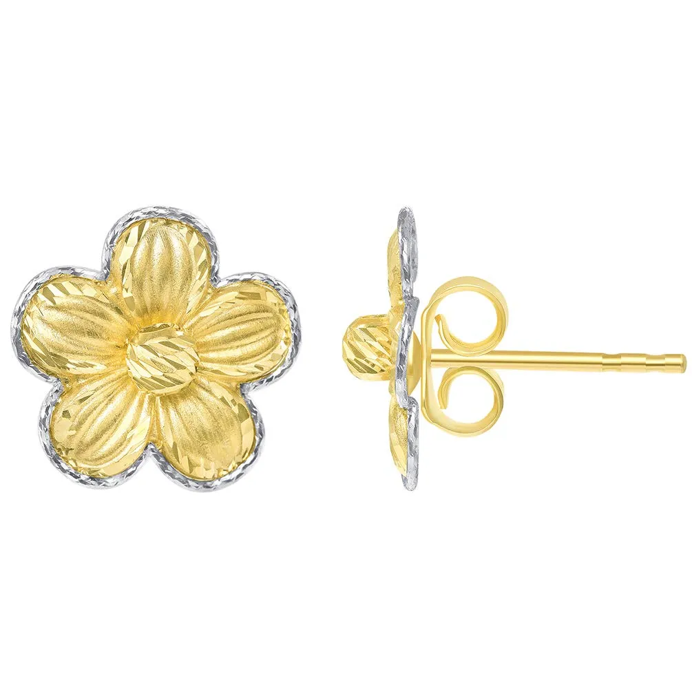 14k Two-Tone Gold Textured Blooming Flower Stud Floral Earrings with Friction Back, 11mm