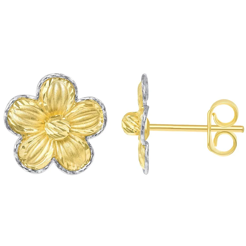 14k Two-Tone Gold Textured Blooming Flower Stud Floral Earrings with Friction Back, 11mm