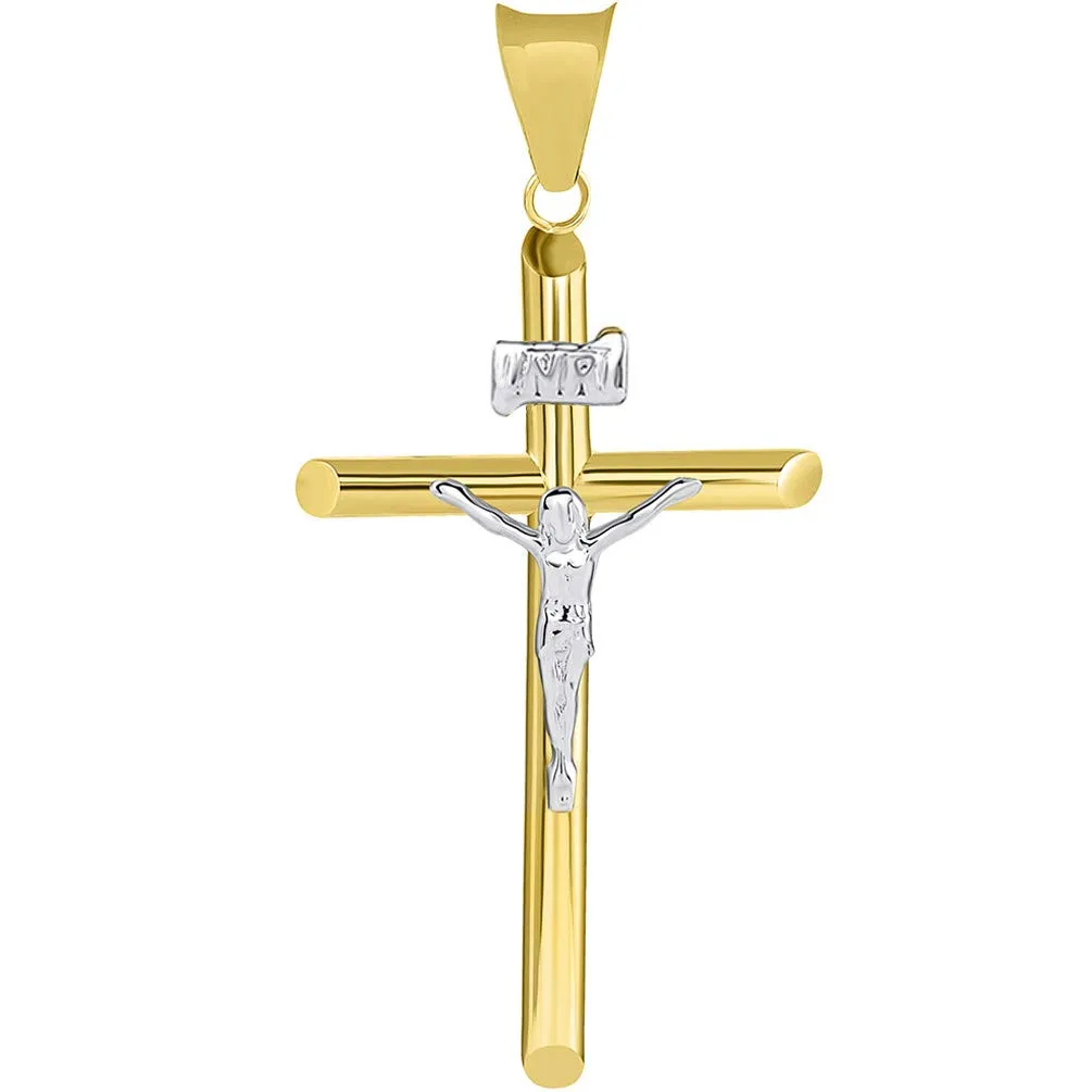 14k Two Tone Gold Traditional Catholic Cross INRI Crucifix Pendant Necklace