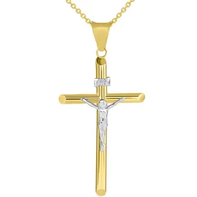 14k Two Tone Gold Traditional Catholic Cross INRI Crucifix Pendant Necklace