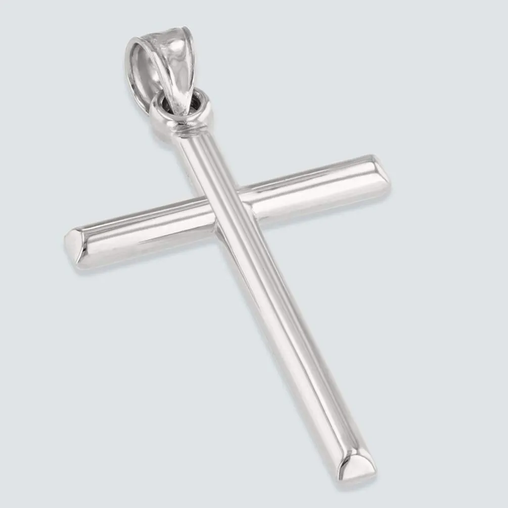 14K White Gold Classic Latin Plain Cross Pendant Necklace