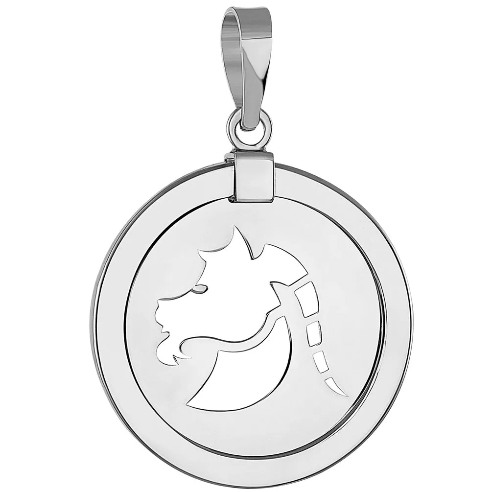 14k White Gold Round Capricorn Zodiac Sign Sea-Goat Animal Medallion Pendant Necklace (Reversible)