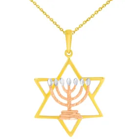 14K Yellow Gold & Rose Gold Jewish Star of David with Menorah Pendant Necklace