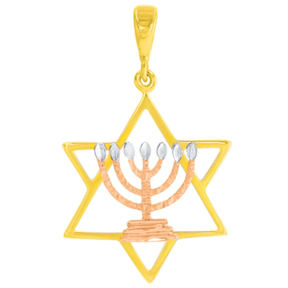 14K Yellow Gold & Rose Gold Jewish Star of David with Menorah Pendant Necklace