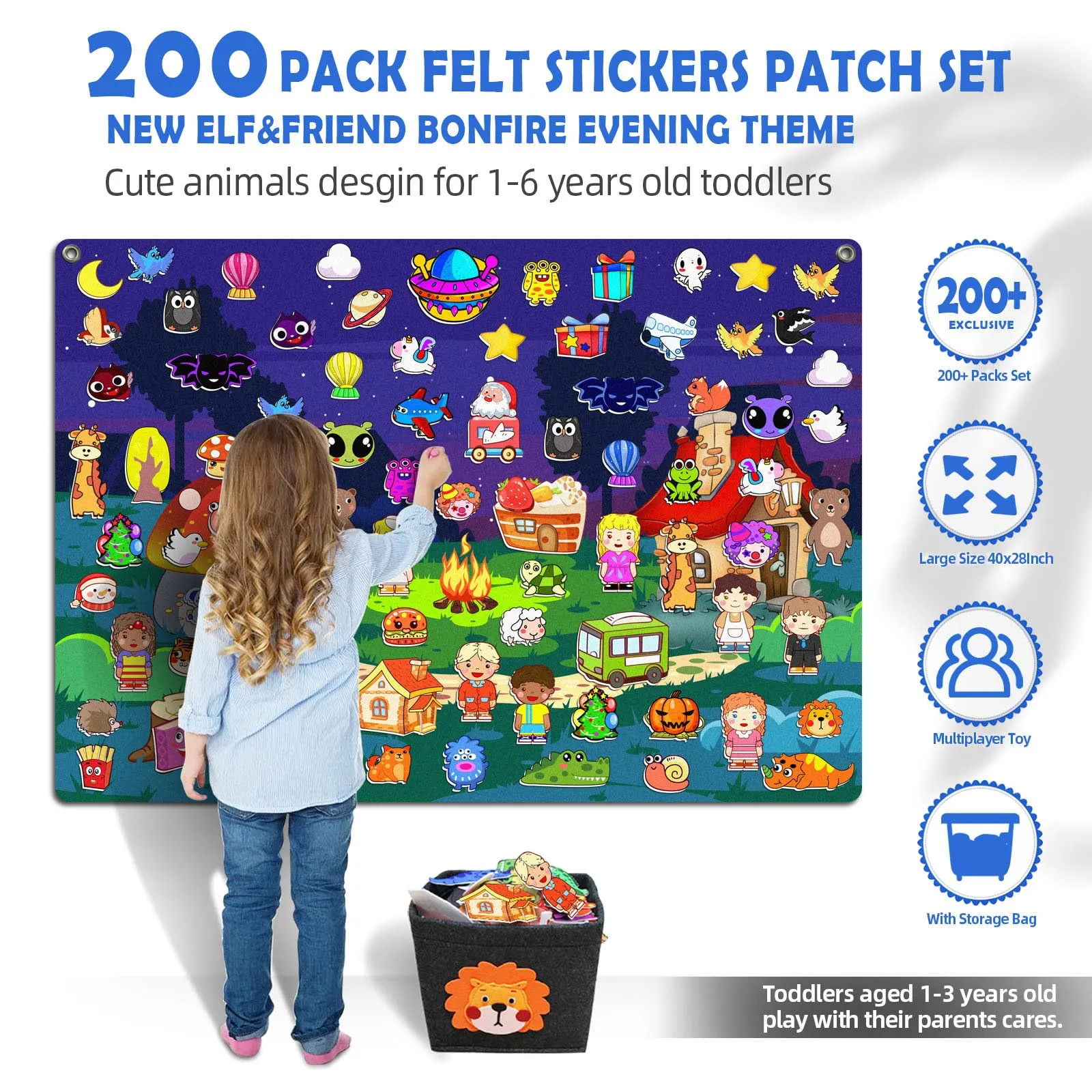 200Pcs Felt Story Board Set with Storage Bag Preschool Teaching Wall Flannel Busy Board Bonfire Party Themed Early Learning Interactive Play Toys Wall Hanging Gift for Toddlers Kids 40 X 28 Inch