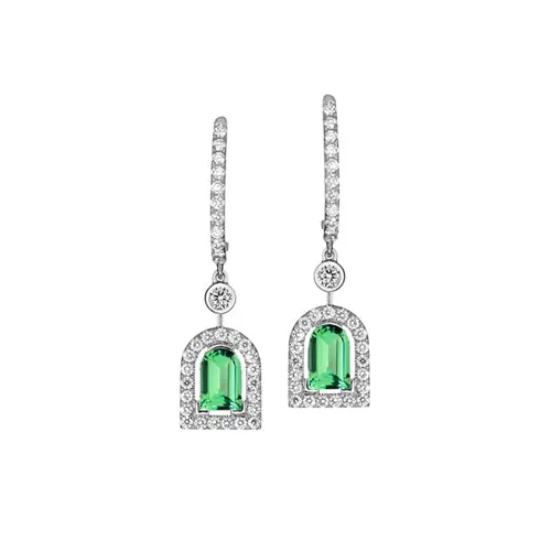 Couleur Sculptural Pendant Earring PM, 18k White Gold with DAVIDOR Arch Cut Green Tourmaline and Brilliant Diamonds