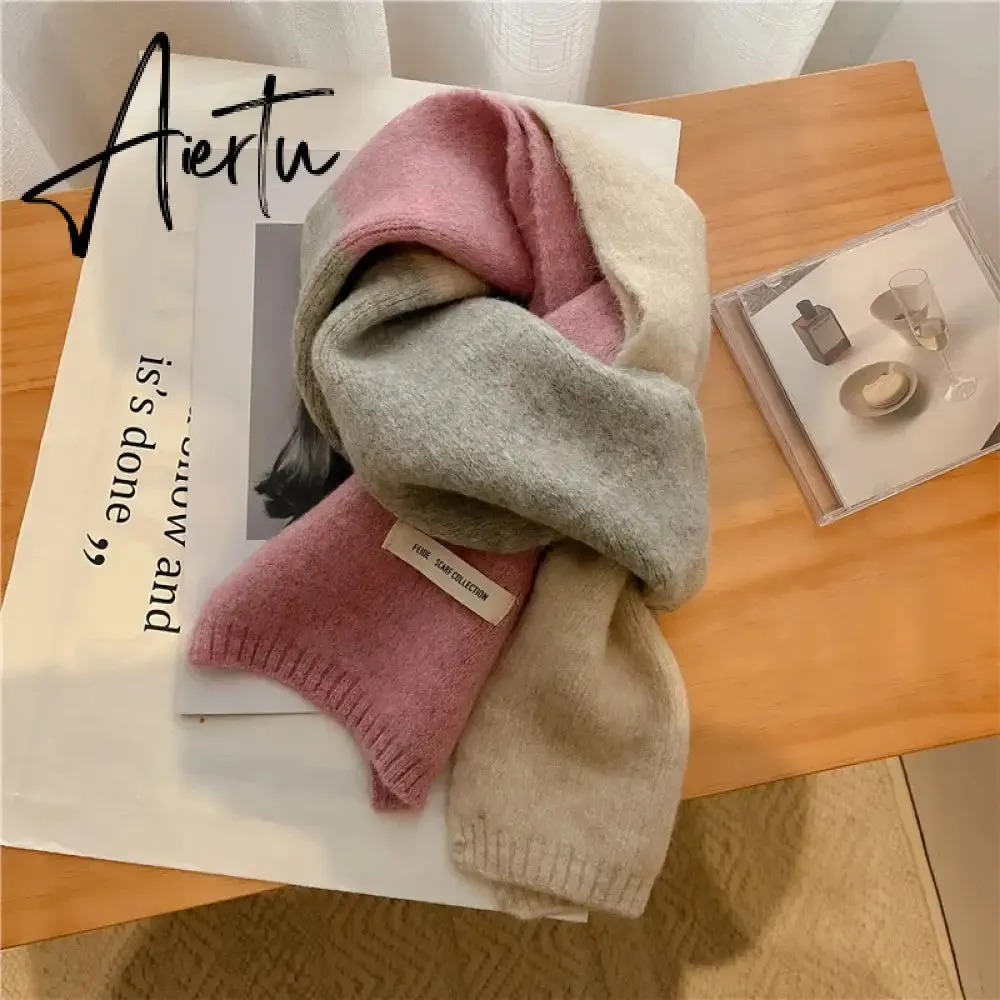 Fashion Solid Kintted Winter Scarf for Women Splice Thick Warm Cashmere Neckerchief Elastic Woolen Yarn Skinny Bufanda Foulard