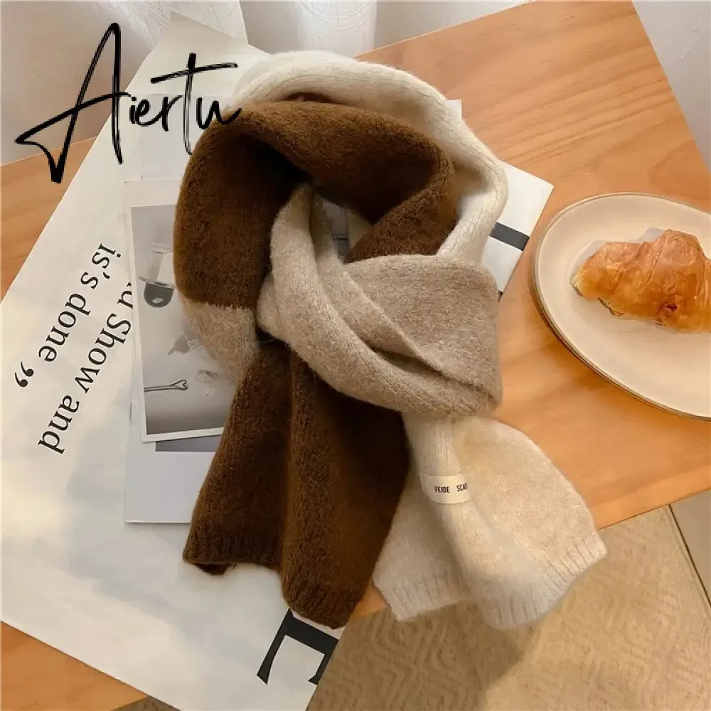 Fashion Solid Kintted Winter Scarf for Women Splice Thick Warm Cashmere Neckerchief Elastic Woolen Yarn Skinny Bufanda Foulard