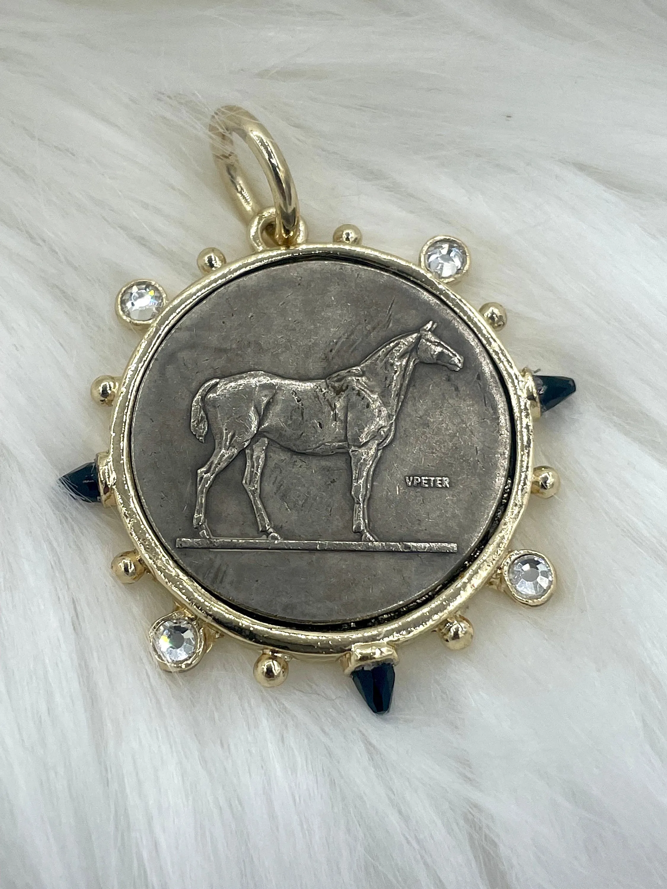 French Horticole De Dison Pendant, Horse Coin Pendant, French Pendant, French Coin, Black Spike and Round CZ  Accents Coin Fast Ship