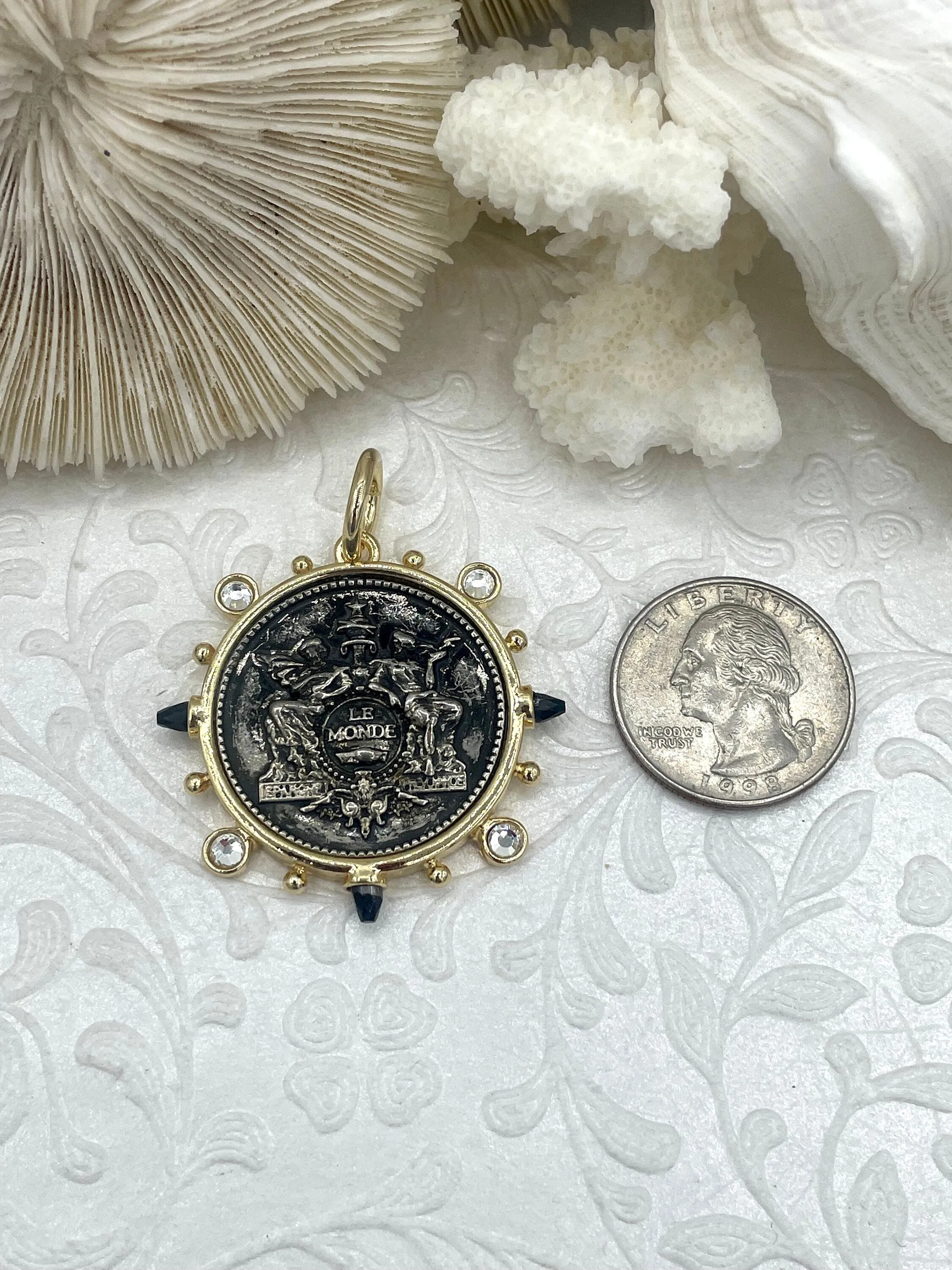 French Horticole De Dison Pendant, Horse Coin Pendant, French Pendant, French Coin, Black Spike and Round CZ  Accents Coin Fast Ship