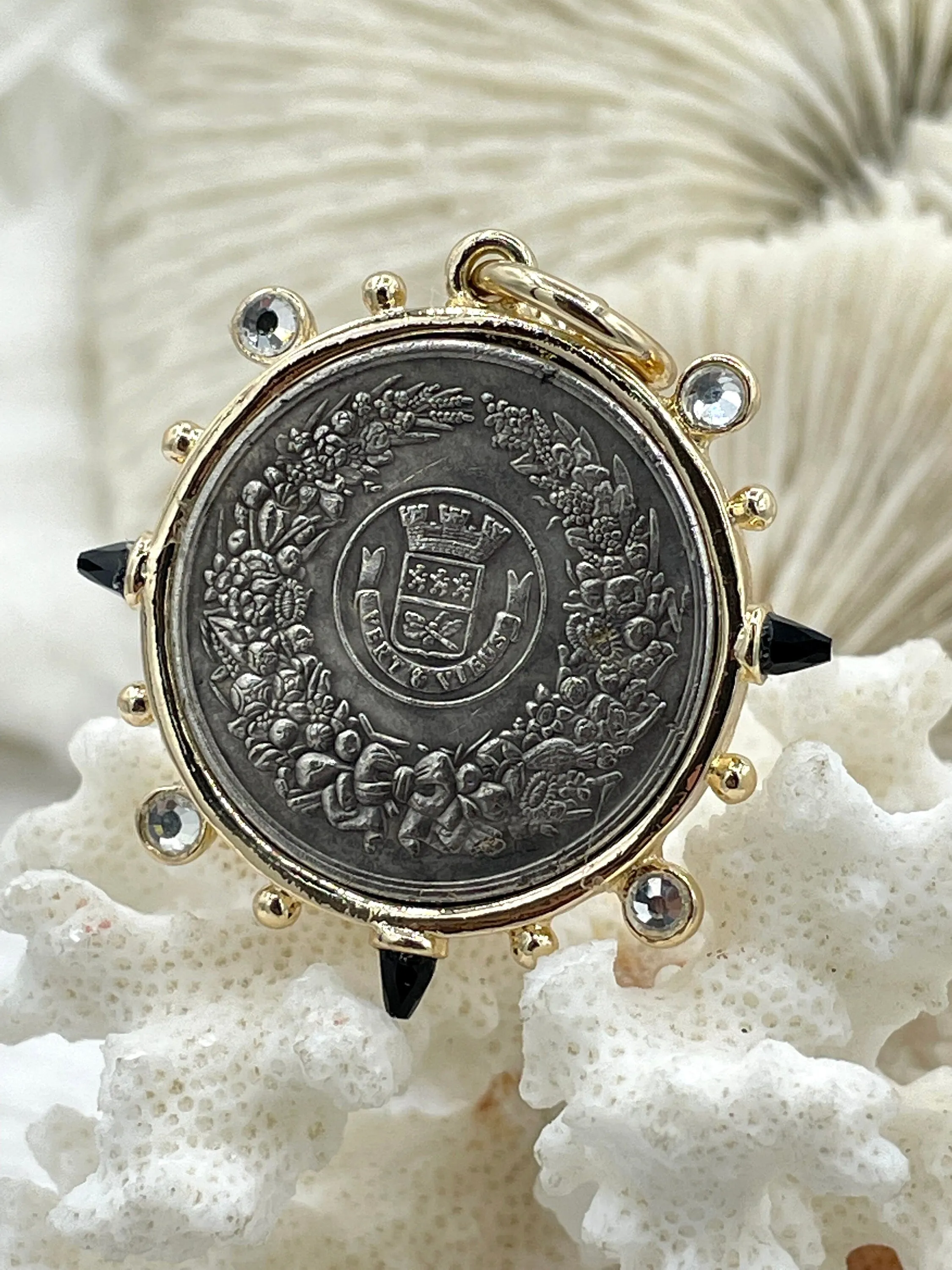 French Horticole De Dison Pendant, Horse Coin Pendant, French Pendant, French Coin, Black Spike and Round CZ  Accents Coin Fast Ship