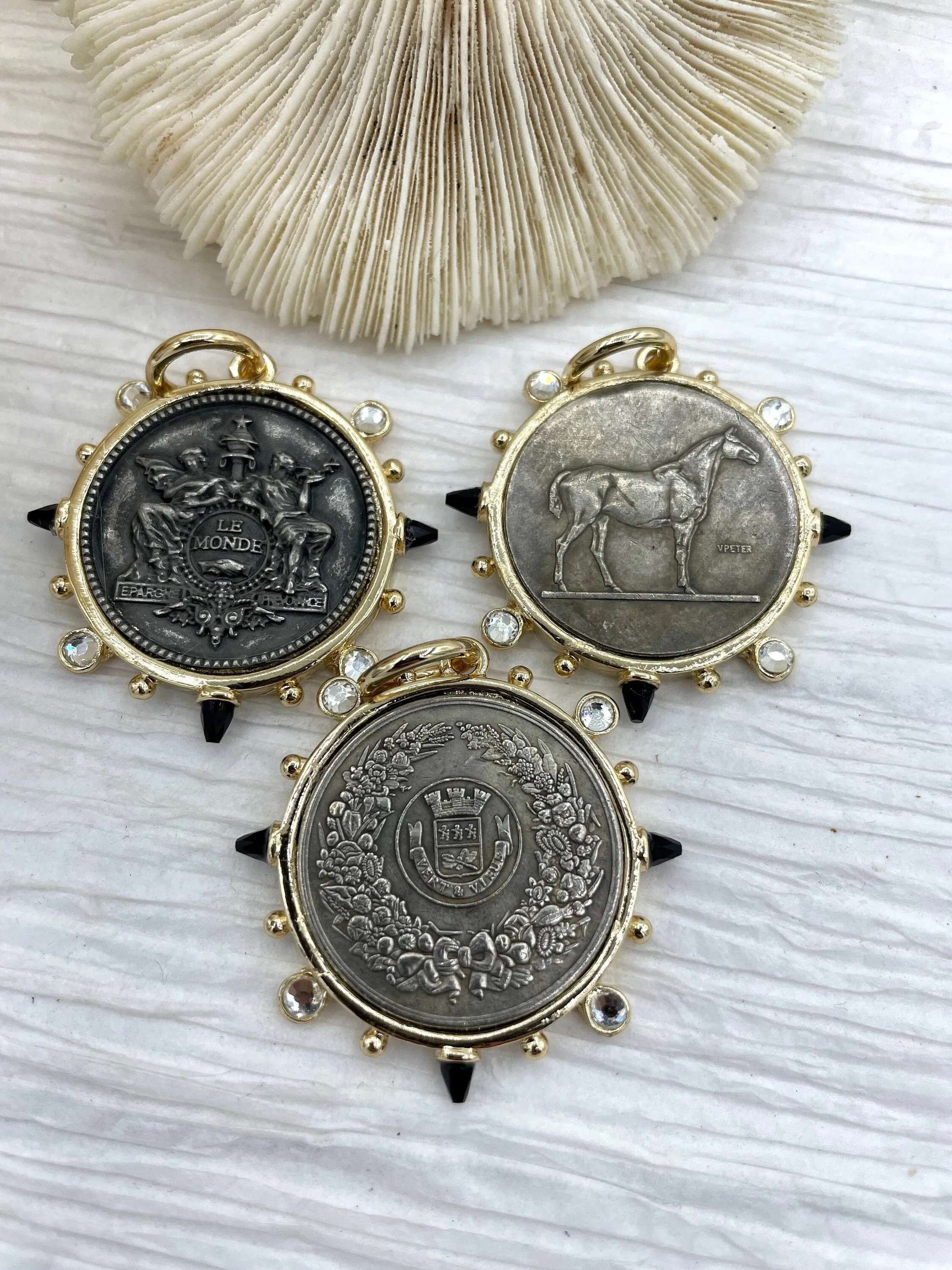 French Horticole De Dison Pendant, Horse Coin Pendant, French Pendant, French Coin, Black Spike and Round CZ  Accents Coin Fast Ship