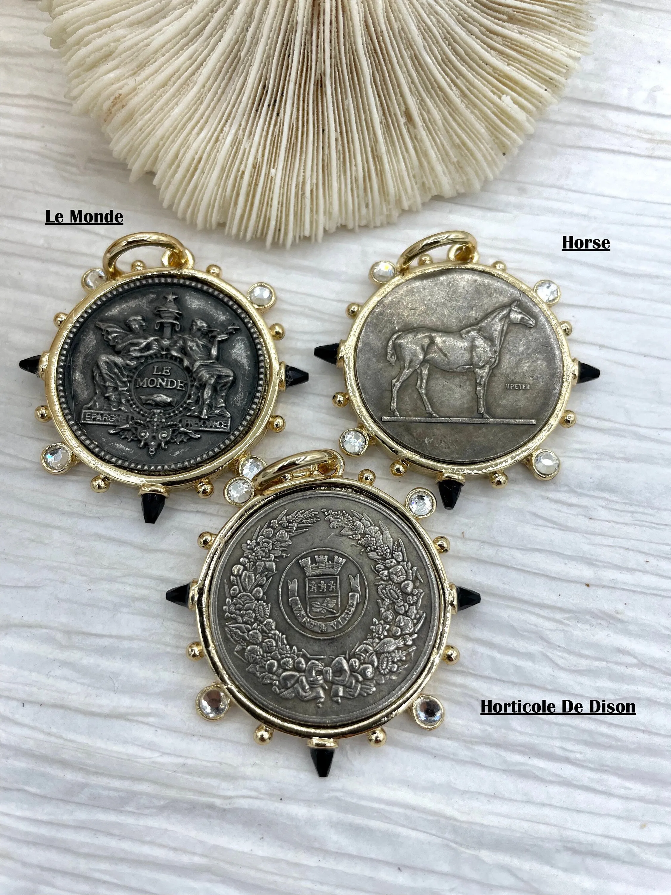 French Horticole De Dison Pendant, Horse Coin Pendant, French Pendant, French Coin, Black Spike and Round CZ  Accents Coin Fast Ship