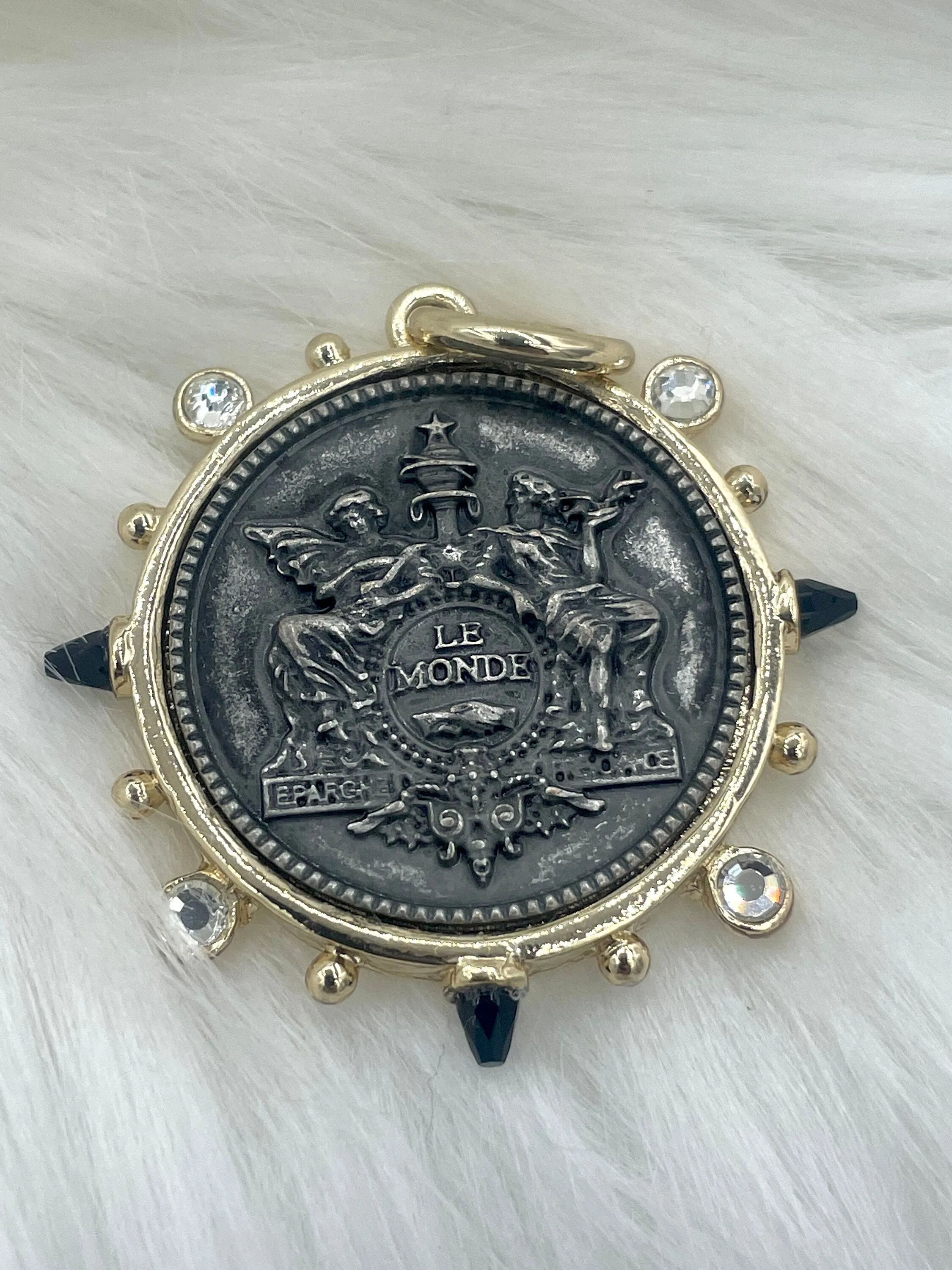 French Horticole De Dison Pendant, Horse Coin Pendant, French Pendant, French Coin, Black Spike and Round CZ  Accents Coin Fast Ship