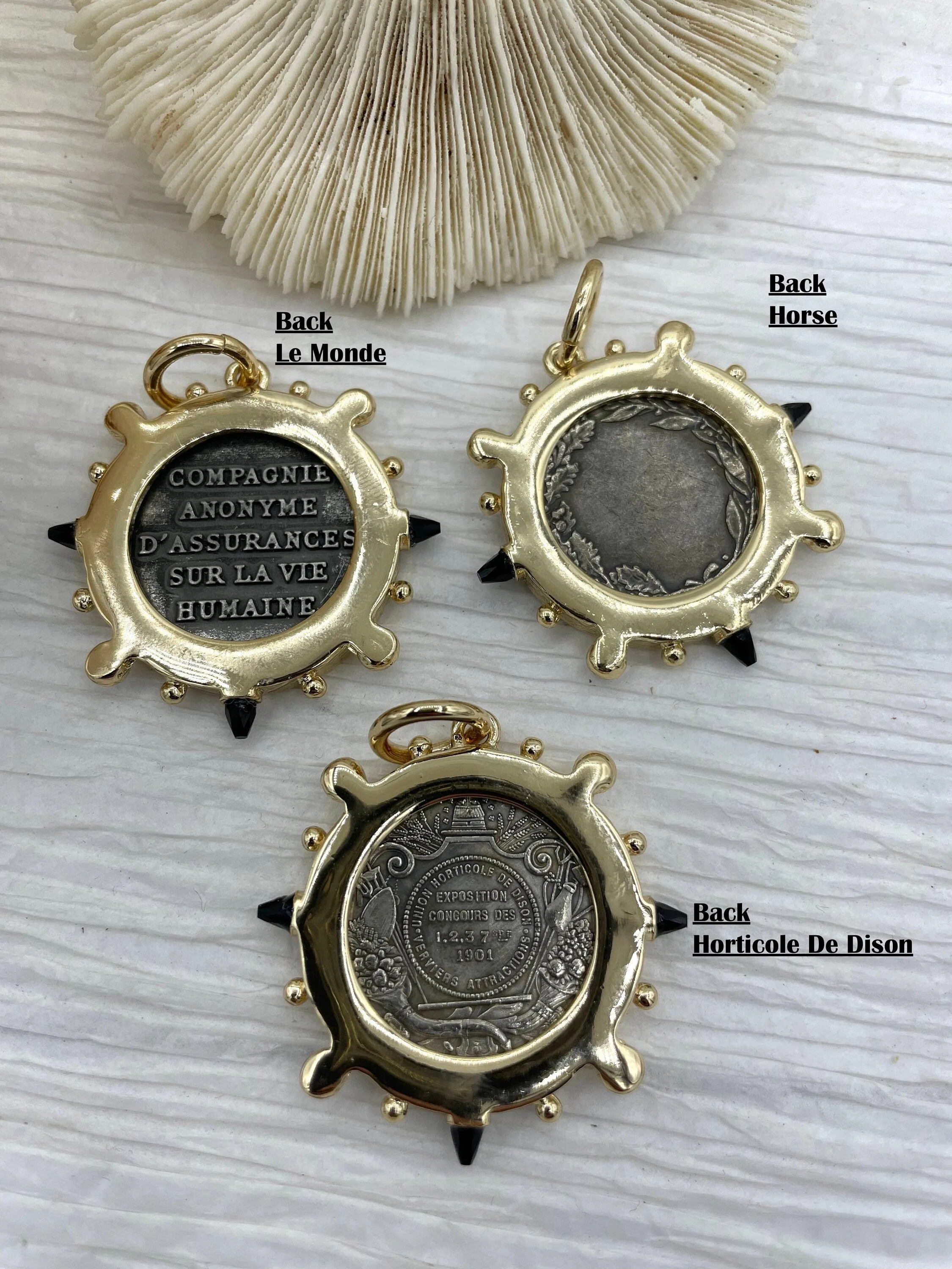 French Horticole De Dison Pendant, Horse Coin Pendant, French Pendant, French Coin, Black Spike and Round CZ  Accents Coin Fast Ship