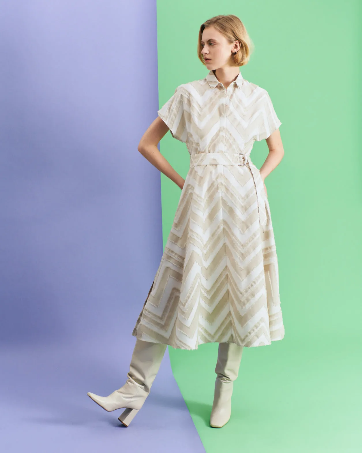 Fringed Zigzag Cotton Blend Jacquard Dress