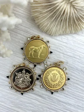 Le Monde and Pendant, French Horticole De Dison, Horse Coin Pendant, French Pendant, French Coin, Black Spike and Round CZ Accents Coin