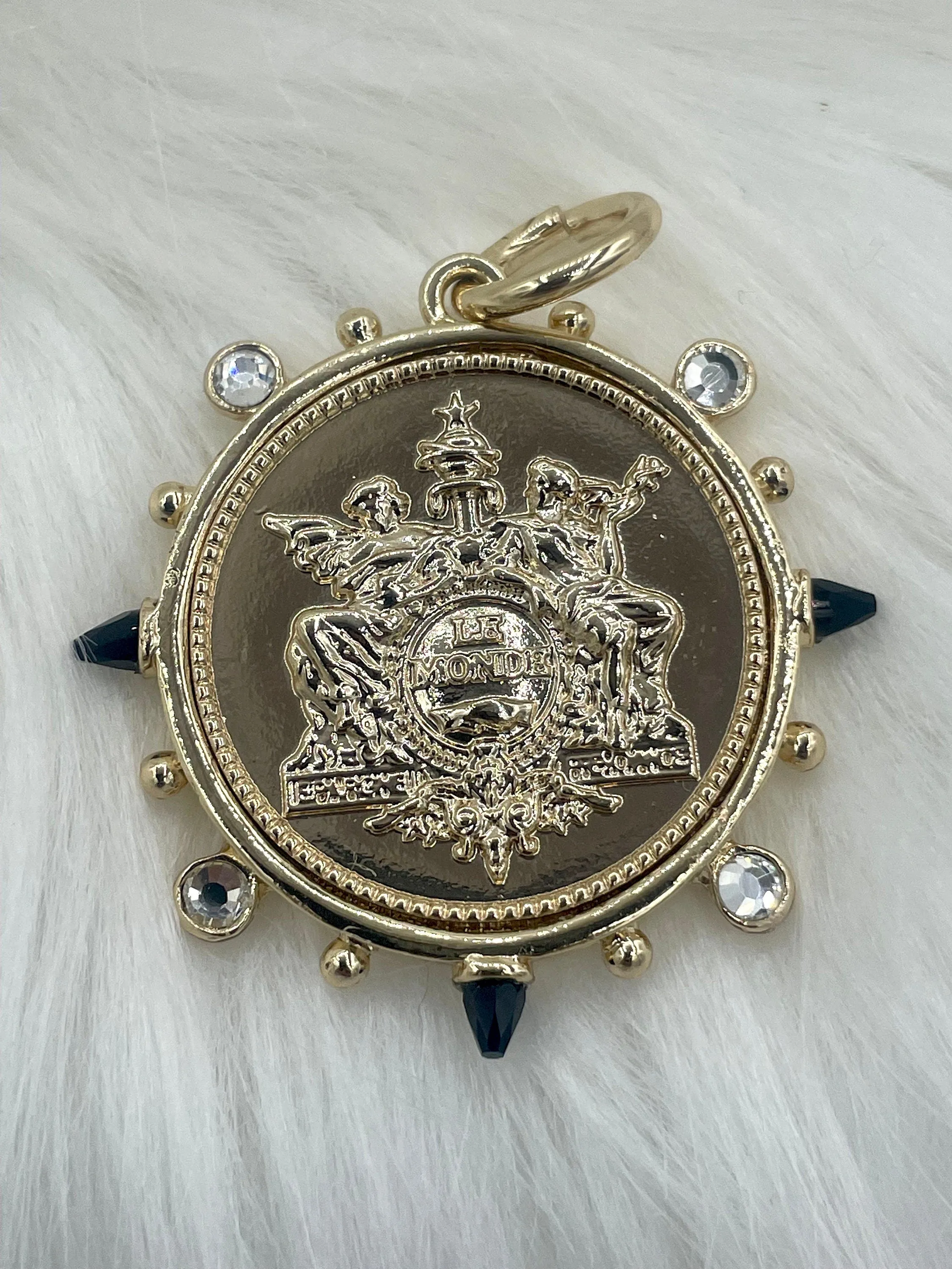 Le Monde and Pendant, French Horticole De Dison, Horse Coin Pendant, French Pendant, French Coin, Black Spike and Round CZ Accents Coin