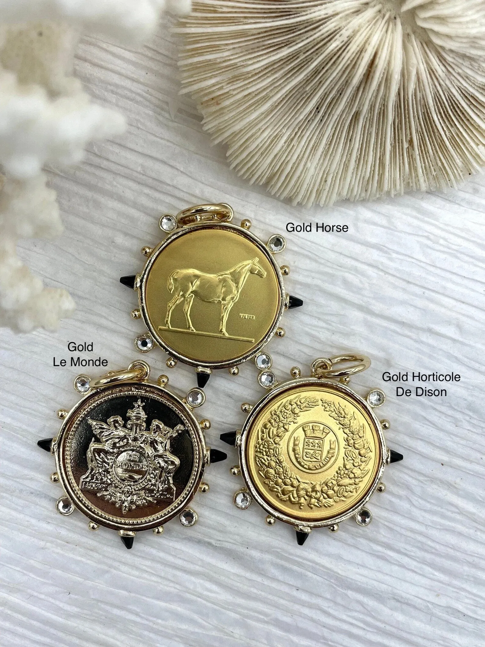 Le Monde and Pendant, French Horticole De Dison, Horse Coin Pendant, French Pendant, French Coin, Black Spike and Round CZ Accents Coin