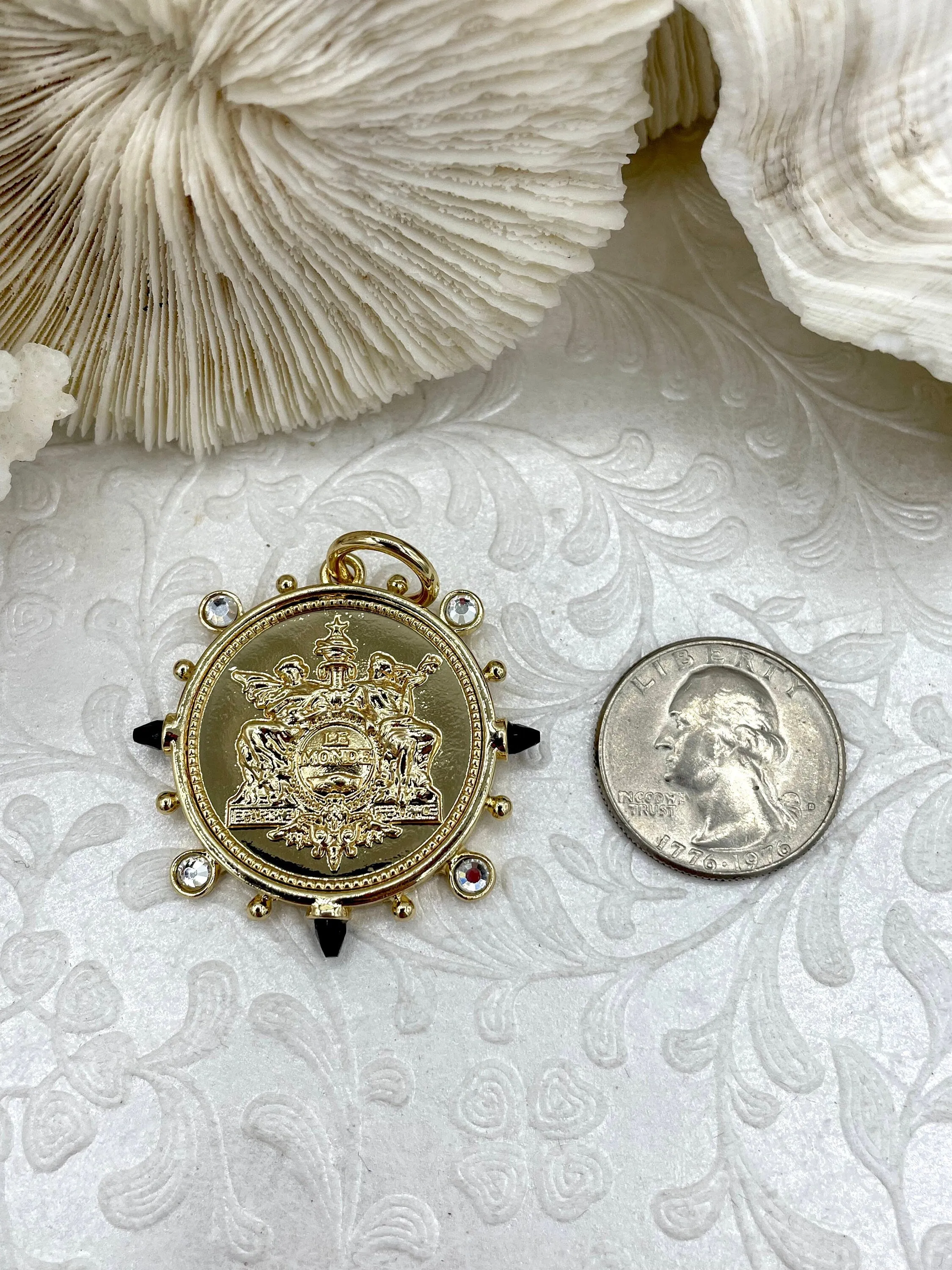 Le Monde and Pendant, French Horticole De Dison, Horse Coin Pendant, French Pendant, French Coin, Black Spike and Round CZ Accents Coin