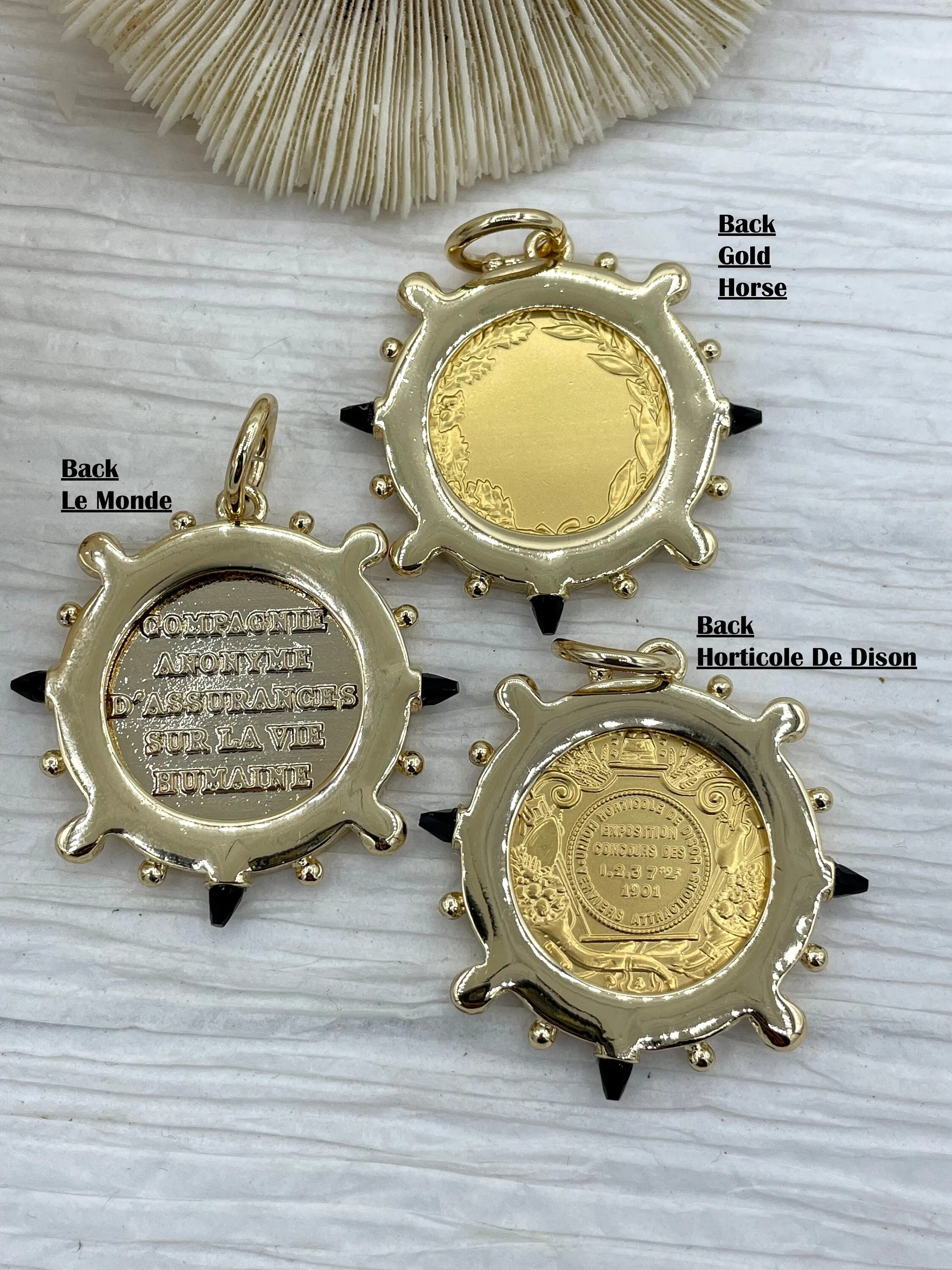 Le Monde and Pendant, French Horticole De Dison, Horse Coin Pendant, French Pendant, French Coin, Black Spike and Round CZ Accents Coin