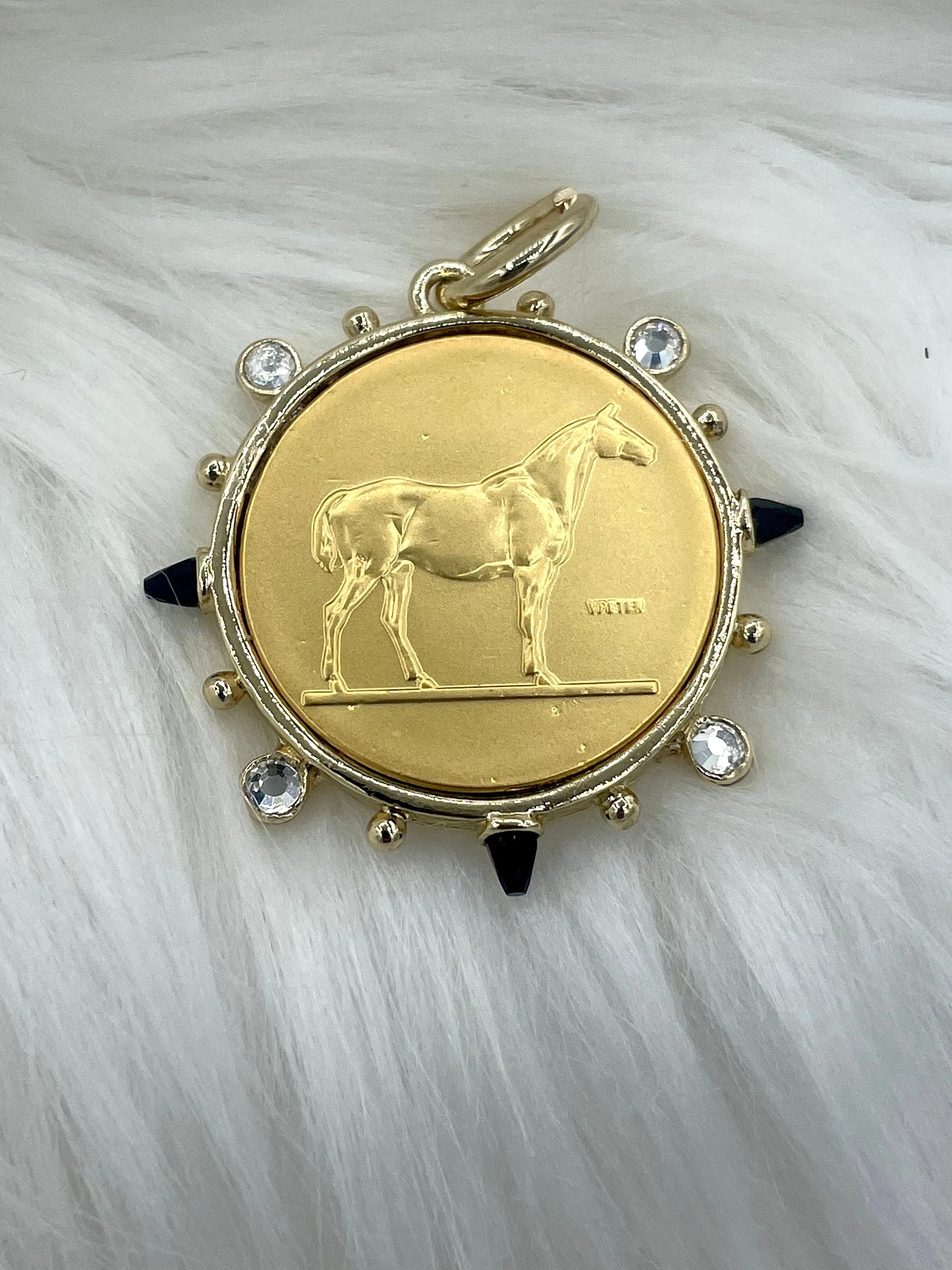 Le Monde and Pendant, French Horticole De Dison, Horse Coin Pendant, French Pendant, French Coin, Black Spike and Round CZ Accents Coin