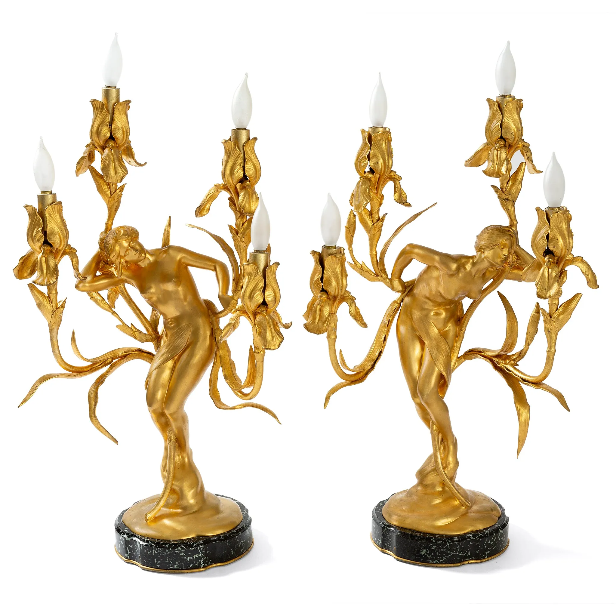 Maurice Bouval Pair of Gilt Bronze "Obsession et Reve" Candelabra