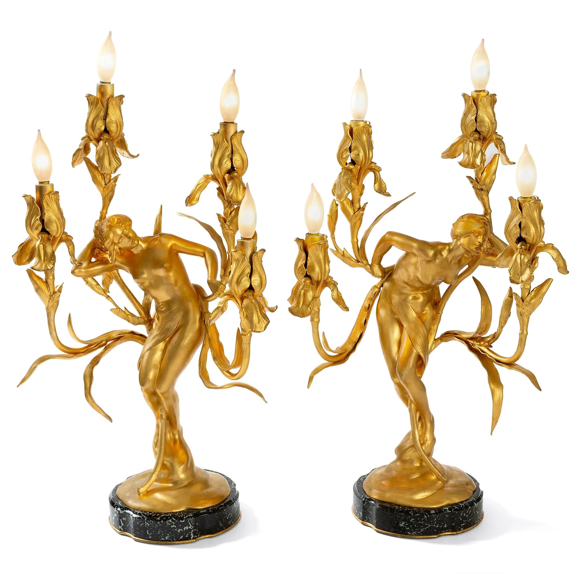 Maurice Bouval Pair of Gilt Bronze "Obsession et Reve" Candelabra