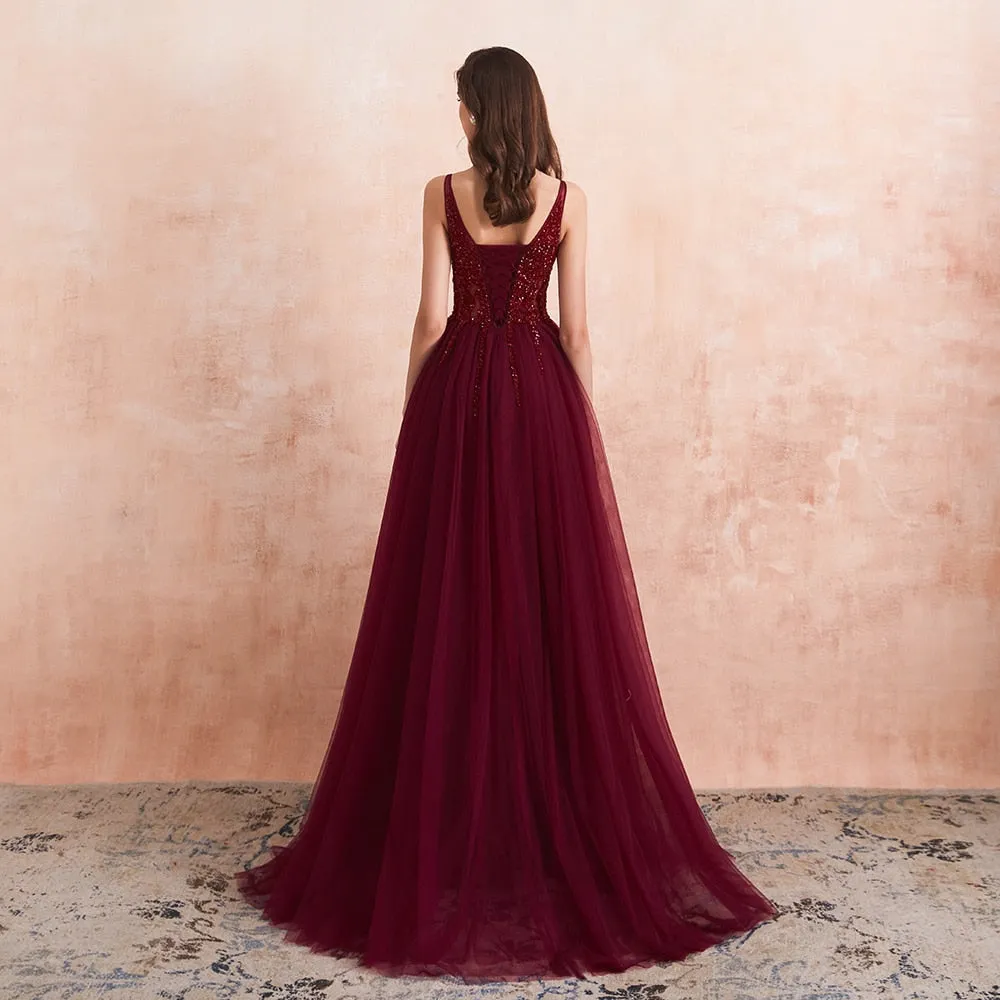 Vestido de Festa Longo Marsala em Tule com Detalhes em Cristais