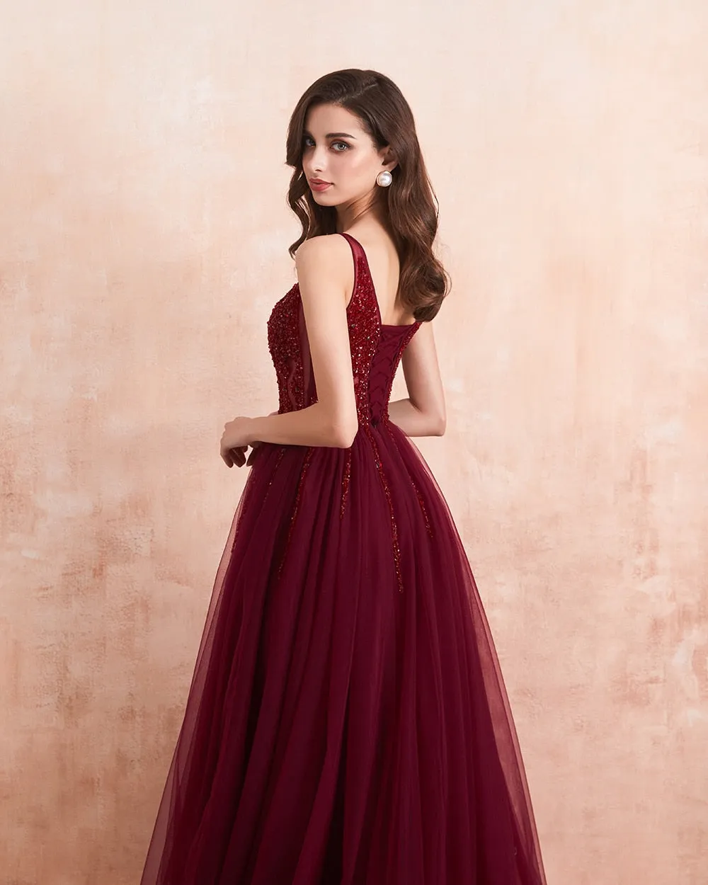 Vestido de Festa Longo Marsala em Tule com Detalhes em Cristais